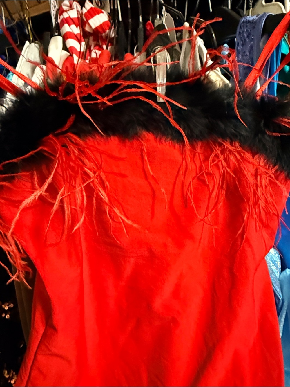XOXO Red Feather-Trim Cami with Black Fur Accent Halloween Party Girl